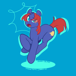 Size: 1280x1280 | Tagged: safe, artist:rosejack1234, imported from twibooru, oc, oc only, oc:berry blast, pony, unicorn, blue background, broken horn, horn, image, looking at you, male, needs more jpeg, signature, simple background, solo, stallion