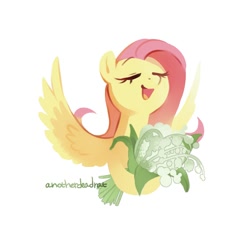 Size: 1000x1000 | Tagged: safe, artist:anotherdeadrat, fluttershy, pegasus, pony, bouquet, eyes closed, female, flower, happy, mare, open mouth, simple background, smiling, spread wings, white background, wings
