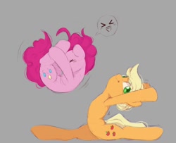 Size: 1096x890 | Tagged: safe, artist:melodylibris, applejack, pinkie pie, earth pony, pony, cannonball, eyes closed, female, flexible, gray background, mare, simple background, smiling, stretching