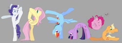 Size: 1200x421 | Tagged: safe, artist:melodylibris, applejack, fluttershy, pinkie pie, rainbow dash, rarity, twilight sparkle, alicorn, earth pony, pegasus, pony, unicorn, blushing, cannonball, eyes closed, female, flexible, gray background, handstand, looking back, mare, simple background, smiling, spread wings, stretching, upside down, wings