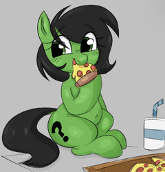 Size: 1166x1216 | Tagged: safe, artist:mushy, imported from twibooru, oc, oc:filly anon, earth pony, pony, aggie.io, belly, chubby, drink, eating, female, filly, food, looking at each other, looking at someone, pizza, pizza box, soda
