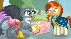 Size: 2800x1565 | Tagged: safe, artist:sweetielover, imported from derpibooru, gabby, sunburst, griffon, pony, unicorn, bag, blushing, countryside, diaper, diaper fetish, diaper package, duo, female, fetish, mail, mailbag, male, non-baby in diaper, outdoors, poofy diaper, school of friendship, tree, water, waterfall