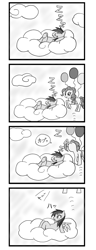 Size: 1075x2811 | Tagged: safe, artist:forest0816, imported from derpibooru, pinkie pie, rainbow dash, earth pony, pegasus, pony, balloon, cartoon physics, cloud, comic, duo, duo female, eating, eyes closed, female, floating, japanese, manga, monochrome, mouth hold, onomatopoeia, open mouth, pinkie being pinkie, pinkie physics, simple background, sky, sleeping, smiling, sound effects, speech bubble, then watch her balloons lift her up to the sky, waking up, white background, wings, zzz