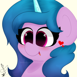 Size: 2000x2000 | Tagged: safe, artist:daftramms, imported from derpibooru, izzy moonbow, pony, unicorn, blushing, cute, fanart, female, g5, heart, izzybetes, mare, open mouth, open smile, simple background, smiling, solo, white background