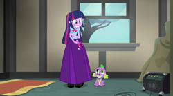 Size: 1280x714 | Tagged: safe, artist:starman1999, edit, edited screencap, imported from derpibooru, screencap, spike, twilight sparkle, dog, human, equestria girls, rainbow rocks, adorable face, clothes, cute, grin, long skirt, nervous, nervous grin, skirt, smiling, spike the dog, twilight sparkle (alicorn)