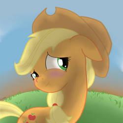 Size: 3000x3000 | Tagged: safe, artist:reinbou, imported from derpibooru, applejack, earth pony, pony, applejack's hat, bashful, blushing, cowboy hat, cute, hat, jackabetes, looking away, simple background, solo