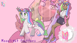 Size: 1280x720 | Tagged: safe, artist:metaruscarlet, imported from derpibooru, oc, oc only, oc:moonlight flutters, bat pony, deer, deer pony, human, hybrid, original species, bat pony oc, blushing, clothes, dark skin, deer oc, eyeshadow, feet, female, floral head wreath, flower, horns, humanized, humanized oc, makeup, mare, multicolored hair, non-pony oc, peace sign, rainbow hair, raised hoof, reference sheet, sandals, shirt, skirt, sleeveless, solo, unshorn fetlocks