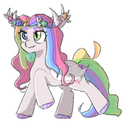 Size: 768x768 | Tagged: safe, artist:metaruscarlet, derpibooru exclusive, imported from derpibooru, oc, oc only, oc:moonlight flutters, bat pony, deer, deer pony, hybrid, original species, pony, bat pony oc, deer oc, eyeshadow, female, floral head wreath, flower, heterochromia, horns, makeup, mare, multicolored hair, non-pony oc, rainbow hair, raised hoof, simple background, solo, transparent background, unshorn fetlocks