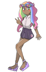 Size: 758x1200 | Tagged: safe, artist:metaruscarlet, derpibooru exclusive, imported from derpibooru, oc, oc only, oc:moonlight flutters, human, blushing, clothes, dark skin, eyeshadow, feet, floral head wreath, flower, heterochromia, humanized, humanized oc, makeup, multicolored hair, peace sign, rainbow hair, sandals, shirt, simple background, skirt, sleeveless, solo, transparent background