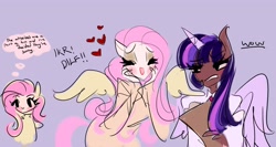 Size: 4096x2178 | Tagged: safe, artist:pops0dx, imported from derpibooru, fluttershy, twilight sparkle, alicorn, human, dilf, exclamation point, heart, horn, humanized, ikr, implied discoshy, implied shipping, implied straight, male, thought bubble, twilight sparkle (alicorn), wings, wow