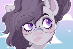 Size: 955x644 | Tagged: safe, artist:woollyart, imported from derpibooru, oc, oc only, oc:vylet, pegasus, pony, bandaid, bandaid on nose, bust, fangs, glasses, portrait, solo, tongue out
