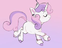 Size: 1032x800 | Tagged: safe, artist:woollyart, imported from derpibooru, sweetie belle, pony, unicorn, bracelet, cute, diasweetes, dock, ear piercing, eyes closed, female, filly, foal, gradient background, jewelry, piercing, smiling, solo, tail, tiara, unshorn fetlocks