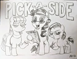 Size: 2048x1573 | Tagged: safe, artist:mellodillo, imported from derpibooru, babs seed, maud pie, oc, oc:front page, earth pony, pony, unicorn, boulder (g4), glasses, grayscale, grin, hoof hold, looking at you, monochrome, newspaper, open mouth, open smile, pencil drawing, rock, scissors, smiling, smiling at you, splatoon, splatoon 3, traditional art