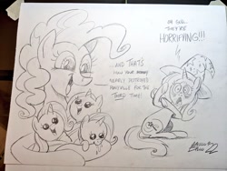 Size: 1024x768 | Tagged: safe, artist:mellodillo, imported from derpibooru, pinkie pie, trixie, oc, earth pony, pony, unicorn, baby, baby pony, cute, dialogue, drool, female, filly, foal, grayscale, holding a pony, lesbian, magical lesbian spawn, mare, monochrome, offspring, open mouth, open smile, parent:trixie, pencil drawing, shipping, sitting, smiling, traditional art, triplets