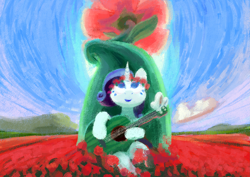 Size: 2715x1920 | Tagged: artist needed, safe, imported from derpibooru, rarity, pony, unicorn, bow, female, flower, flower field, flower in hair, guitar, mare, musical instrument, sky, smiling, solo