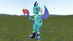 Size: 1280x720 | Tagged: safe, artist:ponygamer2020, imported from derpibooru, princess ember, dragon, 3d, bloodstone scepter, boots, clothes swap, cute, dragoness, dragons wearing clothes, ember acorn, emberbetes, female, looking at you, sally acorn, scepter, shoes, smiling, smiling at you, solo, sonic the hedgehog (series), source filmmaker