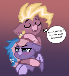 Size: 726x796 | Tagged: safe, artist:nootaz, imported from derpibooru, oc, oc only, oc:may mache, oc:speed paint, pegasus, pony, blushing, breath, dialogue, duo, eyes closed, freckles, frustrated, noogie, pegasus oc, scrunchy face, unamused