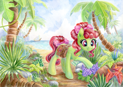 Size: 1685x1200 | Tagged: safe, artist:maytee, imported from derpibooru, oc, oc only, earth pony, pony, bag, commission, flower, not tree hugger, ocean, palm tree, saddle bag, ship, solo, traditional art, tree, water