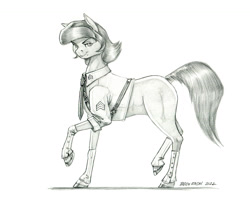 Size: 1400x1140 | Tagged: safe, artist:baron engel, imported from derpibooru, oc, oc only, oc:softheart, earth pony, pony, roan rpg, clothes, grayscale, looking at you, monochrome, pencil drawing, sergeant, simple background, smiling, smiling at you, solo, traditional art, uniform, white background