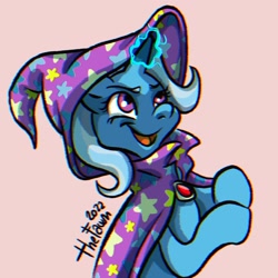 Size: 1920x1920 | Tagged: safe, artist:ilcerbiastrello, imported from derpibooru, trixie, pony, unicorn, beige background, brooch, cape, clothes, female, gem, glowing, glowing horn, hat, horn, jewelry, mare, signature, simple background, solo, trixie's cape, trixie's hat