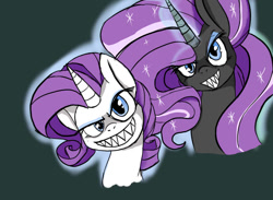 Size: 800x587 | Tagged: safe, artist:a.s.e, imported from derpibooru, nightmare rarity, rarity, pony, unicorn, bust, evil rarity, female, glowing, glowing horn, grin, horn, looking at you, mare, portrait, sharp teeth, simple background, smiling, sproutity, teeth