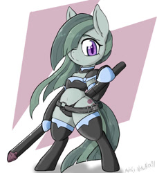 Size: 726x800 | Tagged: safe, artist:a.s.e, imported from derpibooru, marble pie, earth pony, pony, semi-anthro, belly button, bra, bra on pony, clothes, female, hair over one eye, hoof hold, looking at you, mare, panties, simple background, socks, solo, sports bra, stockings, thigh highs, underwear, white background