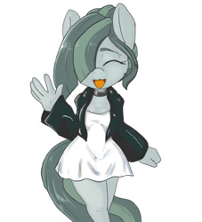 Size: 726x800 | Tagged: safe, artist:a.s.e, imported from derpibooru, marble pie, anthro, earth pony, clothes, eyes closed, female, hair over one eye, jacket, leather, leather jacket, mare, open mouth, open smile, simple background, smiling, solo, white background