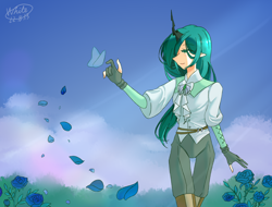 Size: 4096x3112 | Tagged: safe, artist:白乌鸦之翼, imported from derpibooru, queen chrysalis, butterfly, changeling, changeling queen, human, blue rose, clothes, cloud, elf ears, female, flower, horn, horned humanization, humanized, lidded eyes, outdoors, pants, petals, rose, sky, smiling, solo, wind