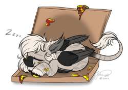 Size: 3256x2306 | Tagged: safe, artist:julunis14, imported from derpibooru, oc, oc only, oc:devilvoice, bat pony, pony, bat pony oc, ear piercing, female, food, leonine tail, mare, piercing, pizza, pizza box, simple background, sleeping, solo, tail, white background