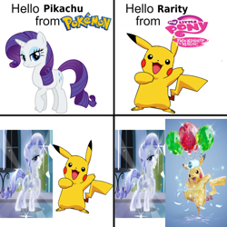 Size: 680x680 | Tagged: safe, edit, edited screencap, imported from derpibooru, screencap, rarity, crystal pony, pikachu, pony, unicorn, the crystal empire, anime, crystal rarity, crystallized, hello yoshi from super mario, meme, pokémon, pokémon scarlet and violet, terastallize