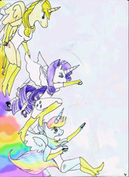 Size: 698x960 | Tagged: safe, artist:loys972, imported from derpibooru, applejack, rainbow dash, rarity, alicorn, anthro, alicornified, applecorn, female, flying, jetpack, leotards, race swap, rainbowcorn, raricorn, simple background, traditional art, trio, trio female