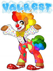 Size: 1280x1707 | Tagged: safe, artist:missbramblemele, imported from derpibooru, oc, earth pony, pony, bipedal, clown, clown makeup, clown nose, clown wig, rainbow wig, red nose, simple background, solo, white background