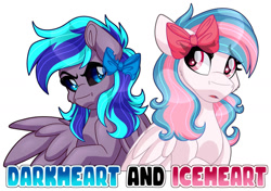 Size: 1280x901 | Tagged: safe, artist:missbramblemele, imported from derpibooru, oc, oc only, oc:darkheart, oc:iceheart, pegasus, pony, black sclera, duo, duo female, eye clipping through hair, eyebrows, eyebrows visible through hair, female, folded wings, frown, mare, one wing out, open mouth, pegasus oc, simple background, white background, wings
