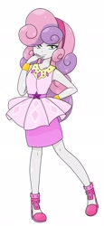 Size: 938x2048 | Tagged: safe, alternate version, artist:batipin, imported from derpibooru, part of a set, sweetie belle, human, equestria girls, equestria girls series, clothes, clothes swap, eye clipping through hair, eyebrows, eyebrows visible through hair, female, looking at you, rarity peplum dress, simple background, smiling, smiling at you, solo, white background
