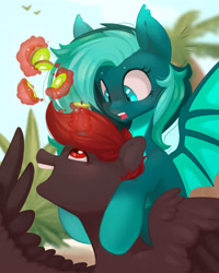 Size: 2401x3000 | Tagged: safe, artist:melodylibris, imported from derpibooru, oc, oc only, oc:hardy, oc:malachite bliss, alicorn, bat pony, pony, alicorn oc, bat pony oc, bat wings, duo, emanata, female, food, fruit, herbivore, high res, horn, kiwi fruit, magic, male, open mouth, spread wings, straight, telekinesis, wings