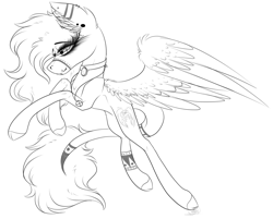 Size: 3761x3025 | Tagged: safe, artist:beamybutt, imported from derpibooru, oc, oc only, pegasus, pony, choker, ear fluff, eyelashes, female, lineart, mare, pegasus oc, rearing, solo, wings