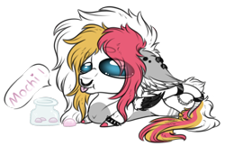 Size: 1540x998 | Tagged: safe, artist:beamybutt, imported from derpibooru, oc, oc only, pegasus, pony, :p, commission, ear fluff, ear piercing, earring, eye clipping through hair, jar, jewelry, lying down, mochi, nose piercing, nose ring, pegasus oc, piercing, prone, simple background, solo, talking, tongue out, transparent background, wings, ych result