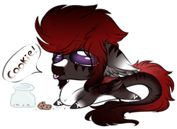 Size: 1417x1029 | Tagged: safe, artist:beamybutt, imported from derpibooru, oc, oc only, pegasus, pony, :p, commission, cookie, cookie jar, ear fluff, food, jar, lying down, pegasus oc, prone, simple background, solo, talking, tongue out, transparent background, wings, ych result