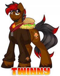 Size: 1280x1614 | Tagged: safe, artist:missbramblemele, imported from derpibooru, oc, earth pony, burger, clothes, food, hamburger, hoodie, male, simple background, solo, stallion, white background