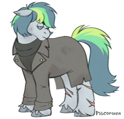 Size: 760x733 | Tagged: safe, artist:pigeorgien, imported from derpibooru, oc, oc only, oc:springmarine gulfstream, earth pony, pony, undead, clothes, draft horse, female, jacket, mare, multicolored hair, scar, simple background, solo, sweater, unshorn fetlocks, white background