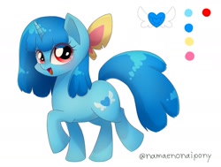 Size: 2006x1515 | Tagged: safe, artist:namaenonaipony, imported from derpibooru, oc, oc only, oc:aqua twinkie, pony, unicorn, cutie mark, eye clipping through hair, female, horn, looking at you, mare, open mouth, raised hoof, raised leg, reference sheet, simple background, solo, white background