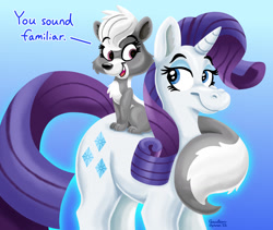 Size: 1280x1082 | Tagged: safe, artist:ceruleanazura, imported from derpibooru, rarity, pony, skunk, unicorn, animal, blue background, crossover, cute, female, littlest pet shop, looking at each other, looking at someone, pepper clark, simple background, sitting on pony, smiling, tabitha st. germain, text, voice actor joke