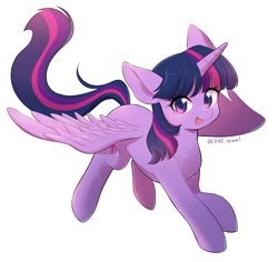 Size: 3984x3763 | Tagged: safe, artist:dos_towel, imported from derpibooru, twilight sparkle, alicorn, pony, eye clipping through hair, female, horn, looking at you, mare, open mouth, open smile, simple background, smiling, solo, spread wings, twilight sparkle (alicorn), white background, wings