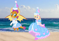 Size: 1384x969 | Tagged: safe, artist:boogeyboy1, imported from derpibooru, megan williams, smolder, dragon, human, beach, beautiful, bow, clothes, crossover, cute, dragoness, dress, duo, duo female, female, froufrou glittery lacy outfit, gloves, hair bow, happy, hat, hennin, long gloves, looking at each other, looking at someone, megandorable, ocean, pretty, princess, princess smolder, sand, smiling, smiling at each other, smolderbetes, water