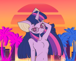 Size: 2777x2245 | Tagged: safe, artist:toxix kitkat, imported from derpibooru, twilight sparkle, anthro, unicorn, abstract background, adorasexy, arm behind head, belly button, chest fluff, cute, female, glasses, palm tree, retro, retrowave, sexy, solo, synthwave, tree, unicorn twilight
