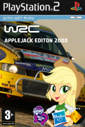 Size: 720x1073 | Tagged: safe, imported from derpibooru, applejack, human, equestria girls, car, cover, hasbro, logo, playstation 2, racecar, seat cordoba, smiling, solo, video game, world rally championship