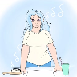 Size: 1619x1619 | Tagged: safe, artist:japaw, imported from derpibooru, trixie, human, bathroom, breasts, brush, busty trixie, clothes, cup, female, hairbrush, humanized, messy hair, music notes, pants, shirt, sink, solo, t-shirt, toothbrush