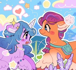 Size: 1284x1180 | Tagged: safe, artist:bland__boy, imported from derpibooru, izzy moonbow, sunny starscout, butterfly, earth pony, pony, unicorn, bag, bracelet, cloud, duo, duo female, female, floppy ears, g5, grass, heart, horn, jewelry, looking at each other, looking at someone, love, mare, necklace, open mouth, profile, saddle bag, sparkles, speech bubble, sun