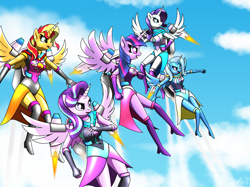 Size: 2582x1930 | Tagged: safe, artist:questionmarkdragon, imported from derpibooru, rarity, starlight glimmer, sunset shimmer, trixie, twilight sparkle, alicorn, anthro, alicornified, clothes, determined look, flying, jetpack, leotard, race swap, raricorn, ready to fight, shimmercorn, sky, sky background, starlicorn, trixiecorn, twilight sparkle (alicorn)