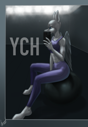 Size: 1640x2360 | Tagged: safe, artist:stirren, imported from derpibooru, anthro, aerobics, ball, bra, cellphone, clothes, commission, female, leggings, mirror, phone, sitting, smartphone, solo, sports bra, sports leggings, underwear, your character here